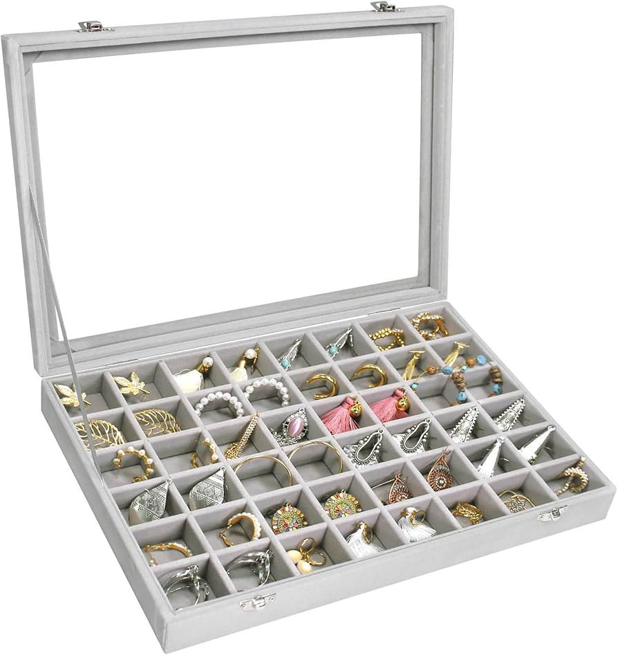 Velvet Jewelry Tray 48 Grid Jewelry Display Tray Organizer Box with Transparent Lid Rings Earring... | Amazon (US)