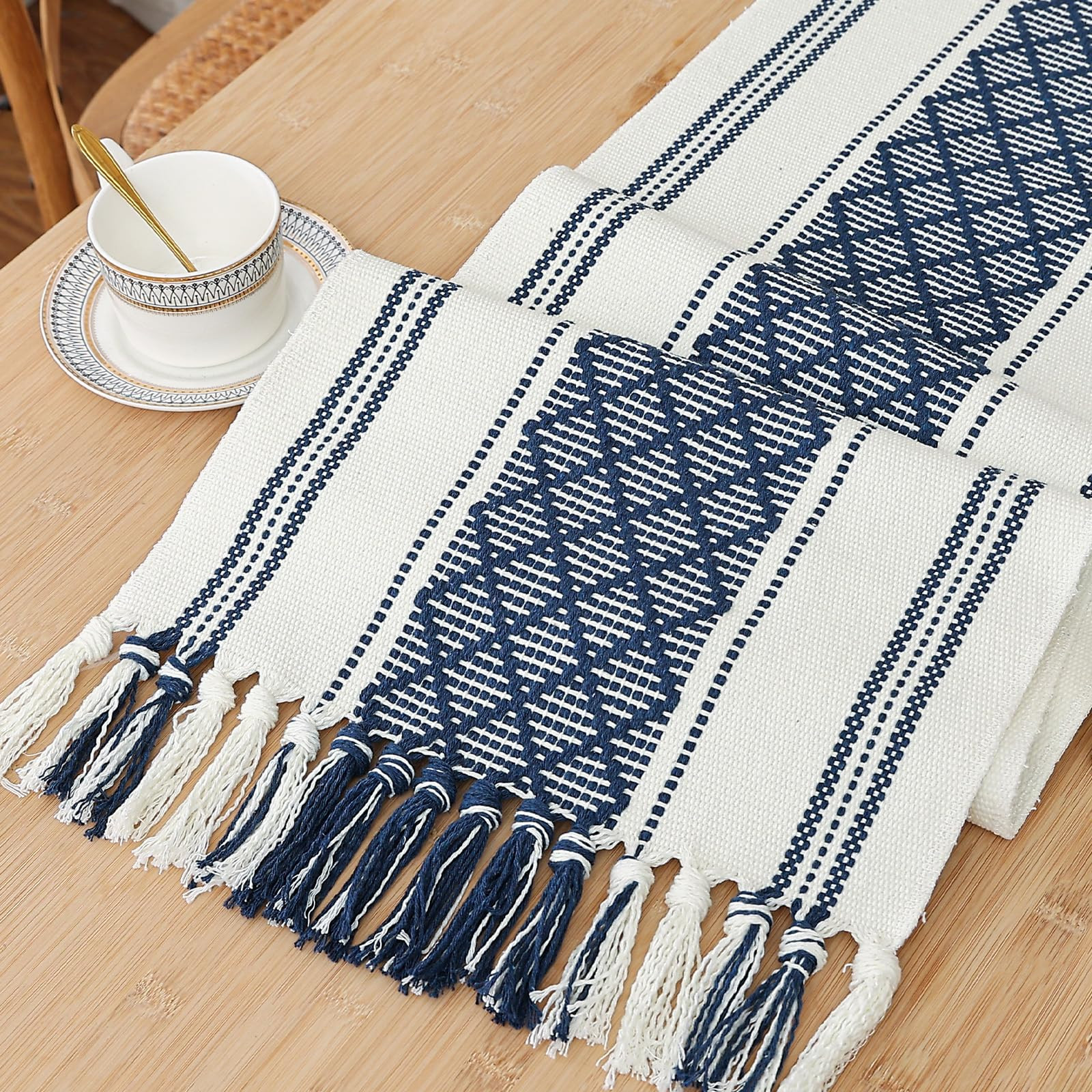 Rustic Table Runner with Tassels, Blue and White Bicolor Woven, Washable, 14"x90", Perfect for En... | Amazon (US)
