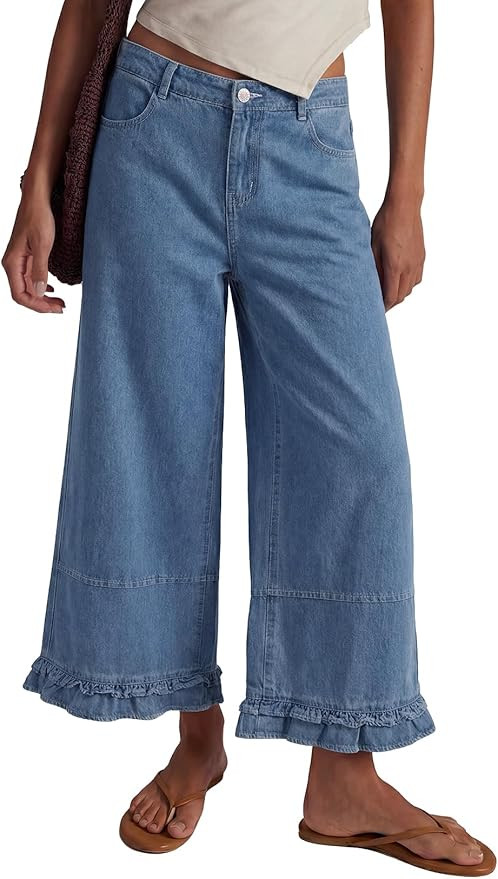 EVALESS Womens Wide Leg Jeans 2026 Trendy Mid-Rise Cropped Baggy Jeans Loose Fit Cute Ruffle Hem ... | Amazon (US)