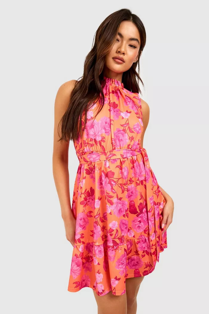 Floral Ruffle Detail Skater Dress | Boohoo.com (US & CA)