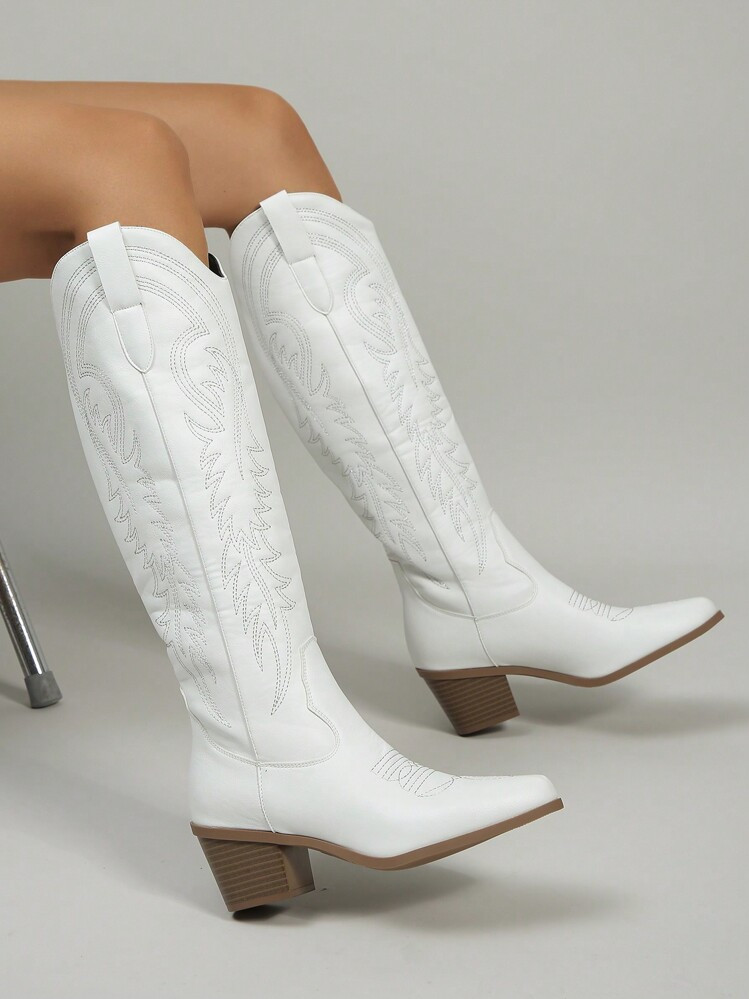 2024 Spring Autumn New Plus Size Women Outdoor Western Embroidered Knee-High Boots,White Boots | SHEIN