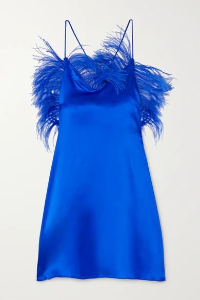 ioannes - Feather-embellished Silk-blend Satin Mini Dress - Blue | NET-A-PORTER (US)