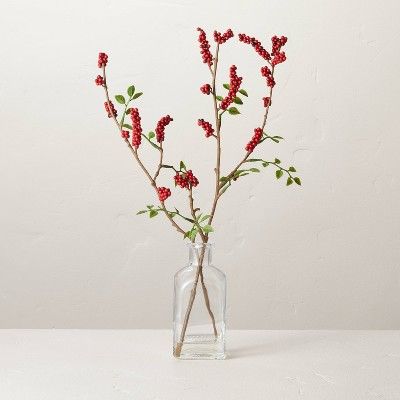 Small 12.5&#34; Faux Red Berry Stems Glass Arrangement - Hearth &#38; Hand&#8482; with Magnolia | Target