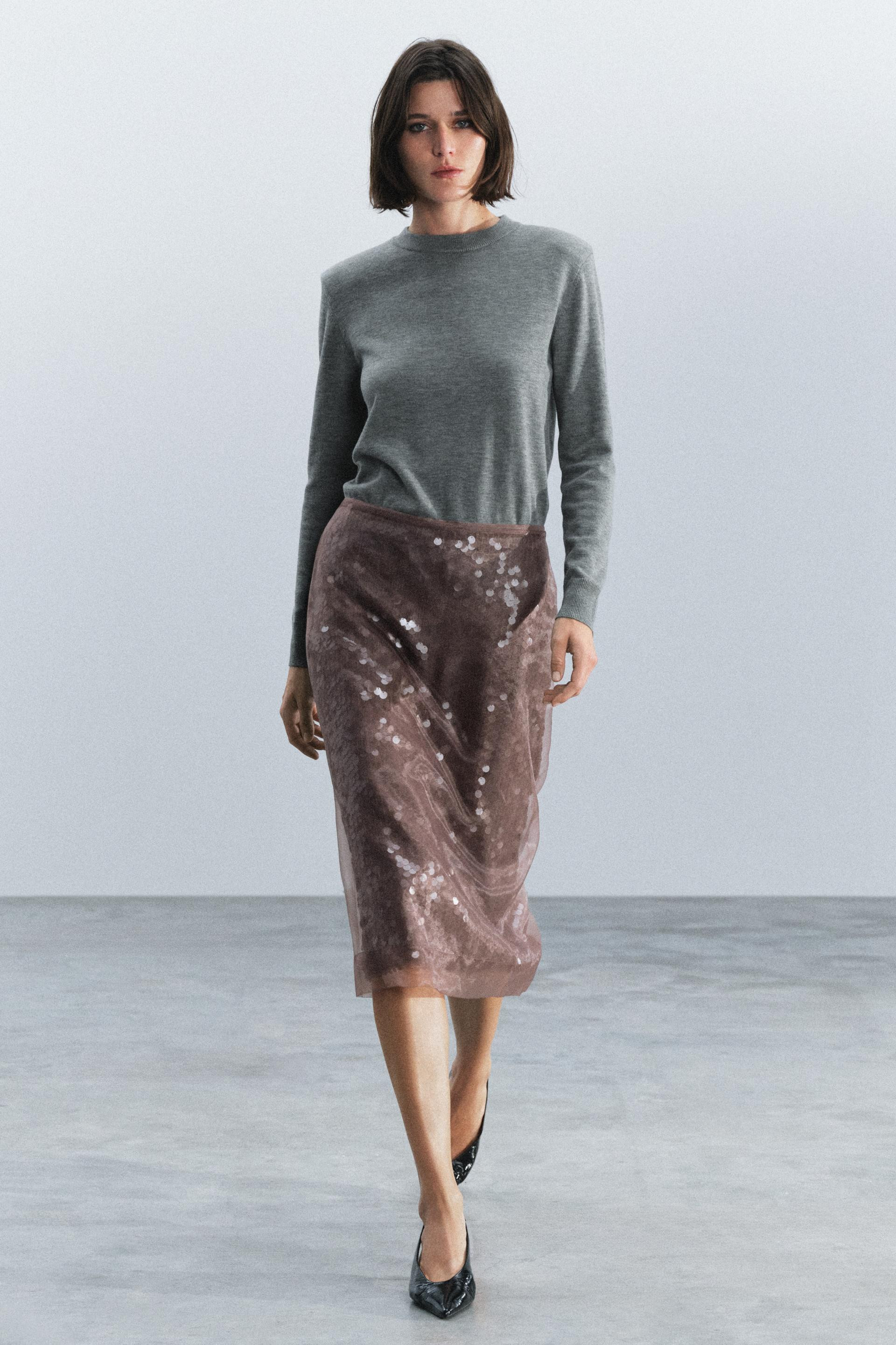 Zara - Zw Collection Sequin Midi Skirt - Brown / Taupe - S - Woman | Zara US