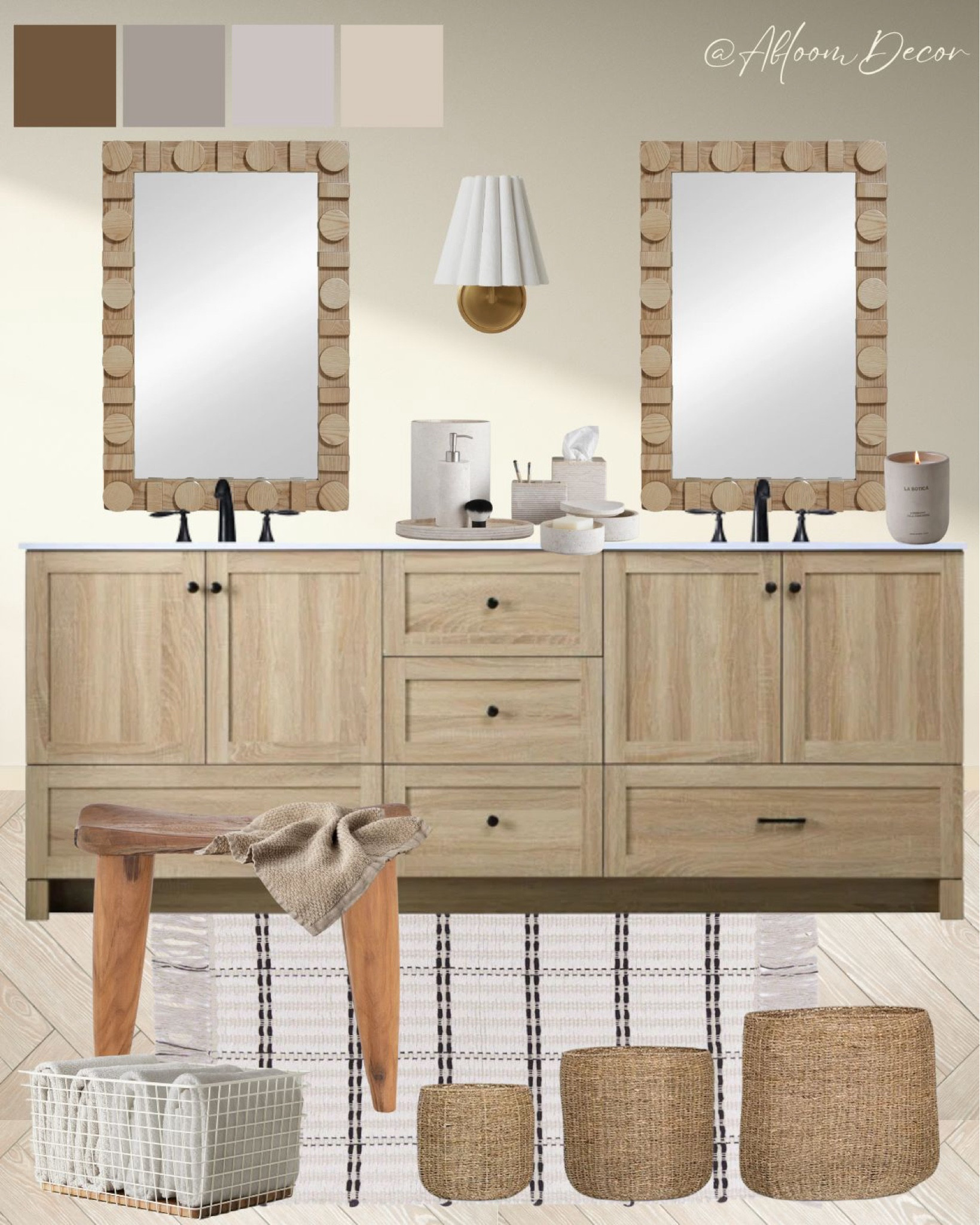 This bathroom design feels clean and inviting with its soft, neutral palette and natural wood accents. The woven baskets and cozy bench bring warmth and texture, while the unique mirrors and minimalist decor create a stylish, functional space that’s both modern and earthy.

#LTKHome