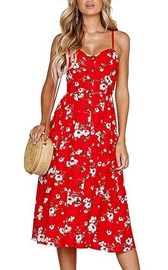 Angashion Women's Dresses-Summer Floral Bohemian Spaghetti Strap Button Down Swing Midi Dress wit... | Amazon (US)