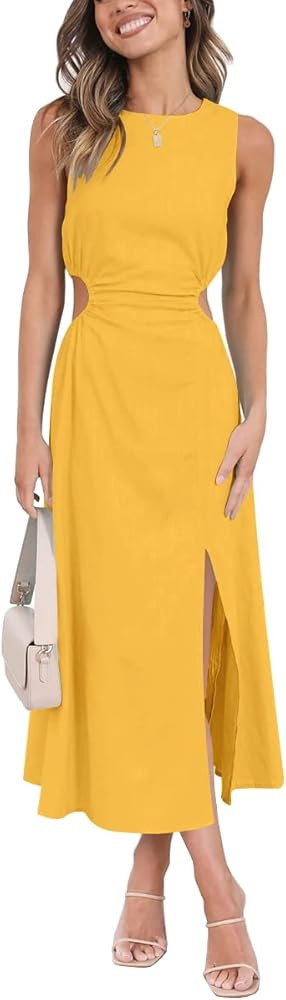 LILLUSORY Womens Cutout Split Linen Cotton Sleeveless Slit Maxi Dress | Amazon (US)