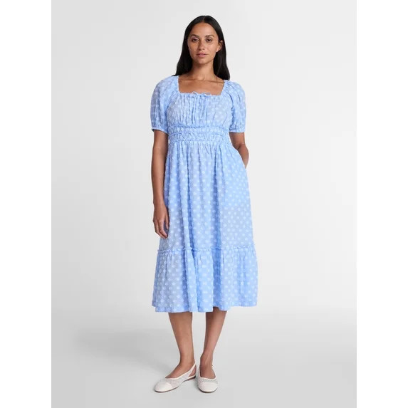 Time and Tru Women's Puff Sleeve Square Neck Midi Dress, Sizes XS-XXXL | Walmart (US)