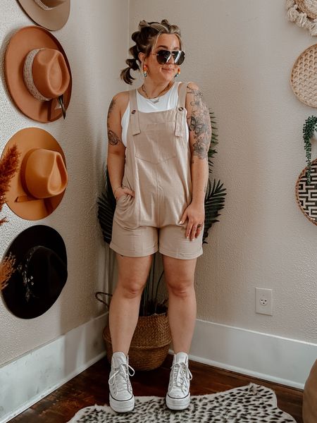 Easy comfy casual summer outfit idea! Tan khaki shortalls in a soft linen like material (wearing MED) / white crop tank double lined (MED) paired with white high top platform canvas sneakers and pop of colorful earrings. 

#LTKU #LTKstyletip #LTKSeasonal