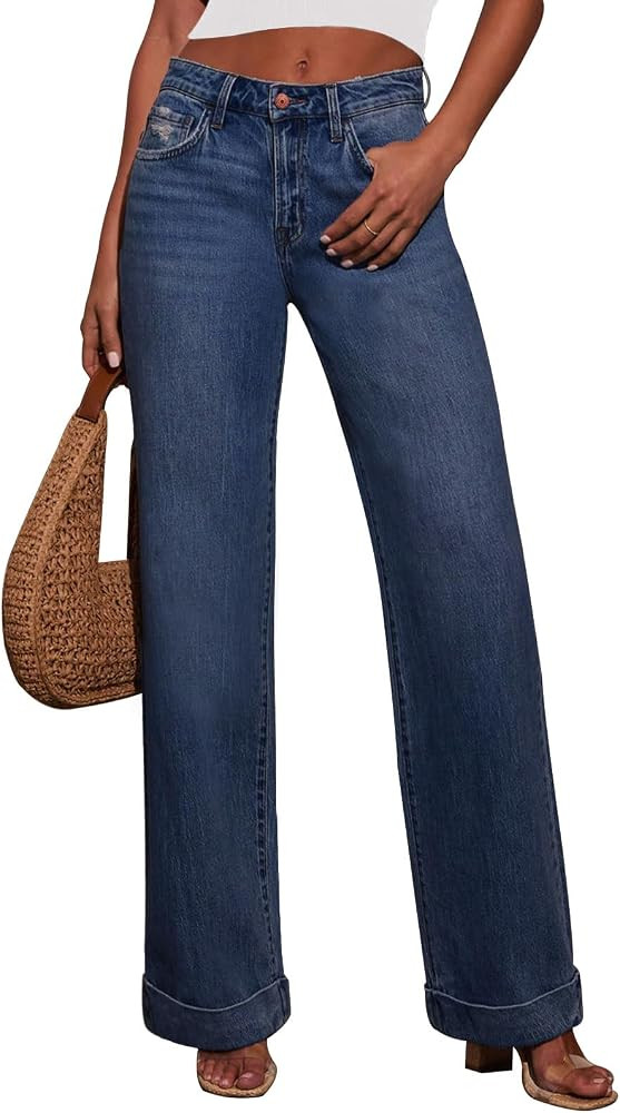 KUNMI Jeans for Women Wide Leg Baggy High Waist Boyfriends Straight Leg Stretchy Denim Pants Tren... | Amazon (US)