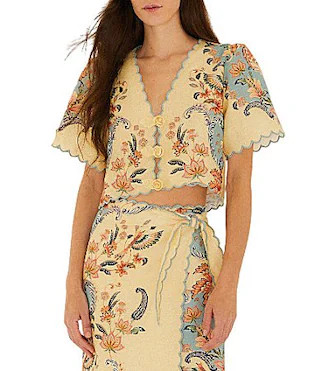 Farm Rio Boho Beauty V-Neck Short Sleeve Scallop Hem Coordinating Linen Top -  XL | Dillard's