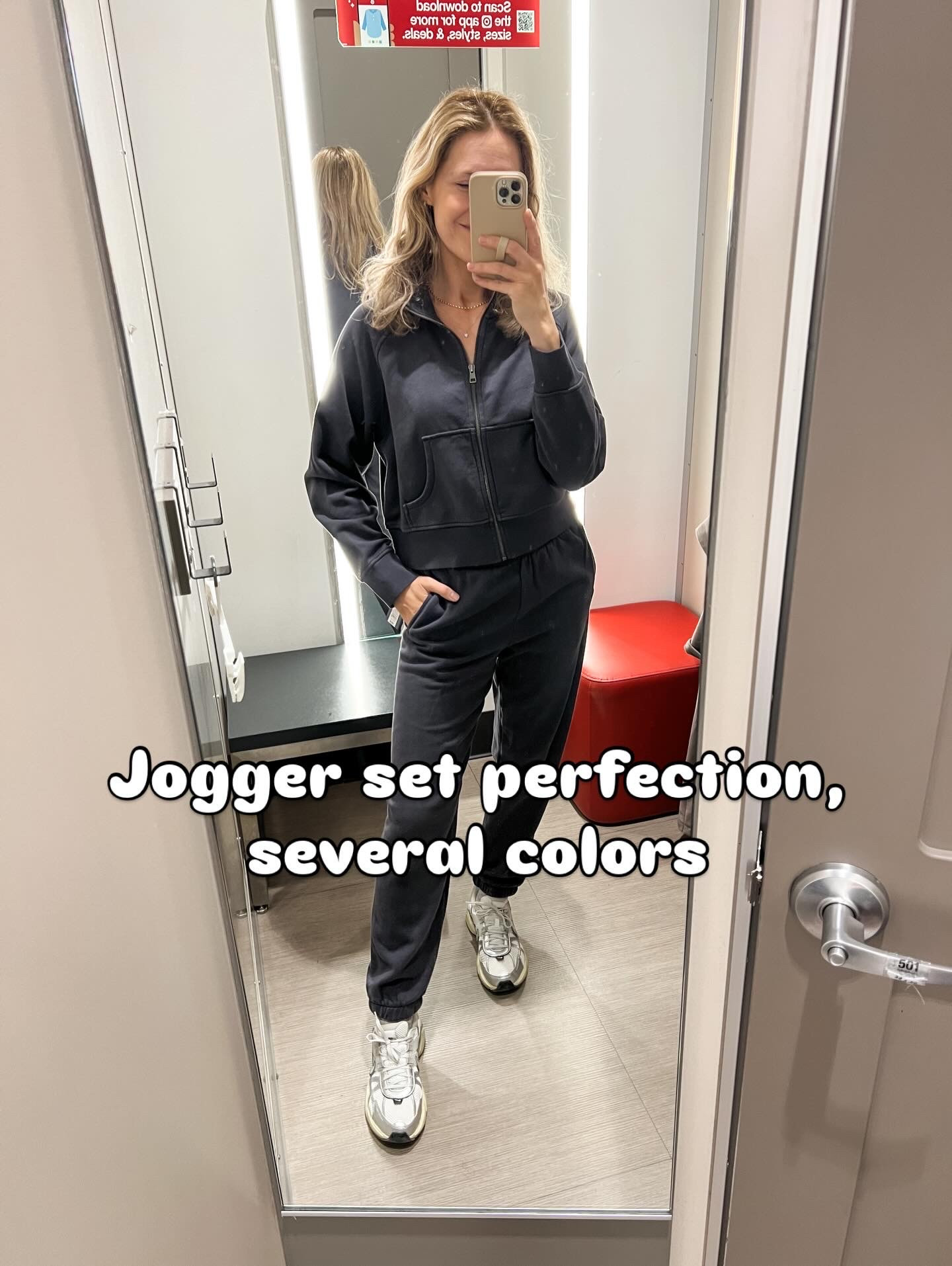 Target joggers and full zip jacket, I’m a small in the bottoms and medium in the top. Love the fit! I could wear this set every day. 