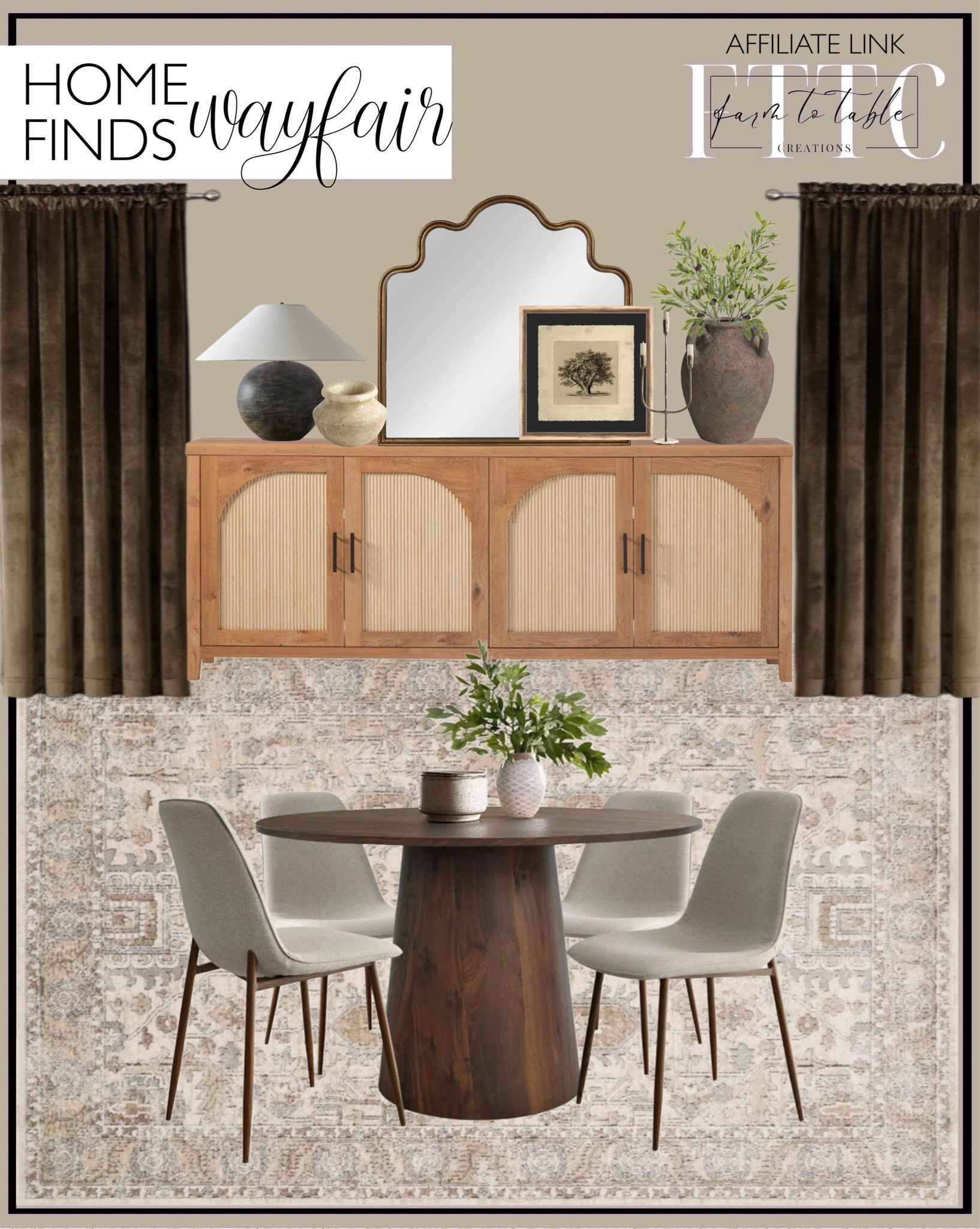 Wayfair Home Finds. Follow @farmtotablecreations on Instagram for more inspiration.

Pedestal Dining Set. Sagefield Oriental Rug. Sideboard with arched doors. Saint Martin Table Lamp. Wavy scalloped arch, metal framed wall mirror. Textured Vase with Handles. Olive Stems. Tabletop Candleabra. Stoneware Table Vase. Velvet Curtain Panels. 

Entryway Decor | Cozy Corner | Bathroom | Curated Entryway | Spring  Decor | End of Year Clearance | Trending Decor | Viral Decor | Amazon Holiday | Bedroom corner | Coffee Table Decor | Neutral Decor | Fall Stem Sale | Target Finds | Skinny Bench | Bedroom | Living Room | Breakfast Nook | Amazon Home | Target Sale | Loloi Rugs | Magnolia Home | console table | console table styling | faux stems | entryway space | front porch decor | neutral decor | entryway decor | cozy home | affordable decor |  home decor | home inspiration | console styling | entryway rug | cozy moody home | moody home decor | neutral home | bathroom decor | living room | spring decor | Hearth & Hand | Studio McGee





#LTKHome #LTKSaleAlert #LTKFindsUnder50