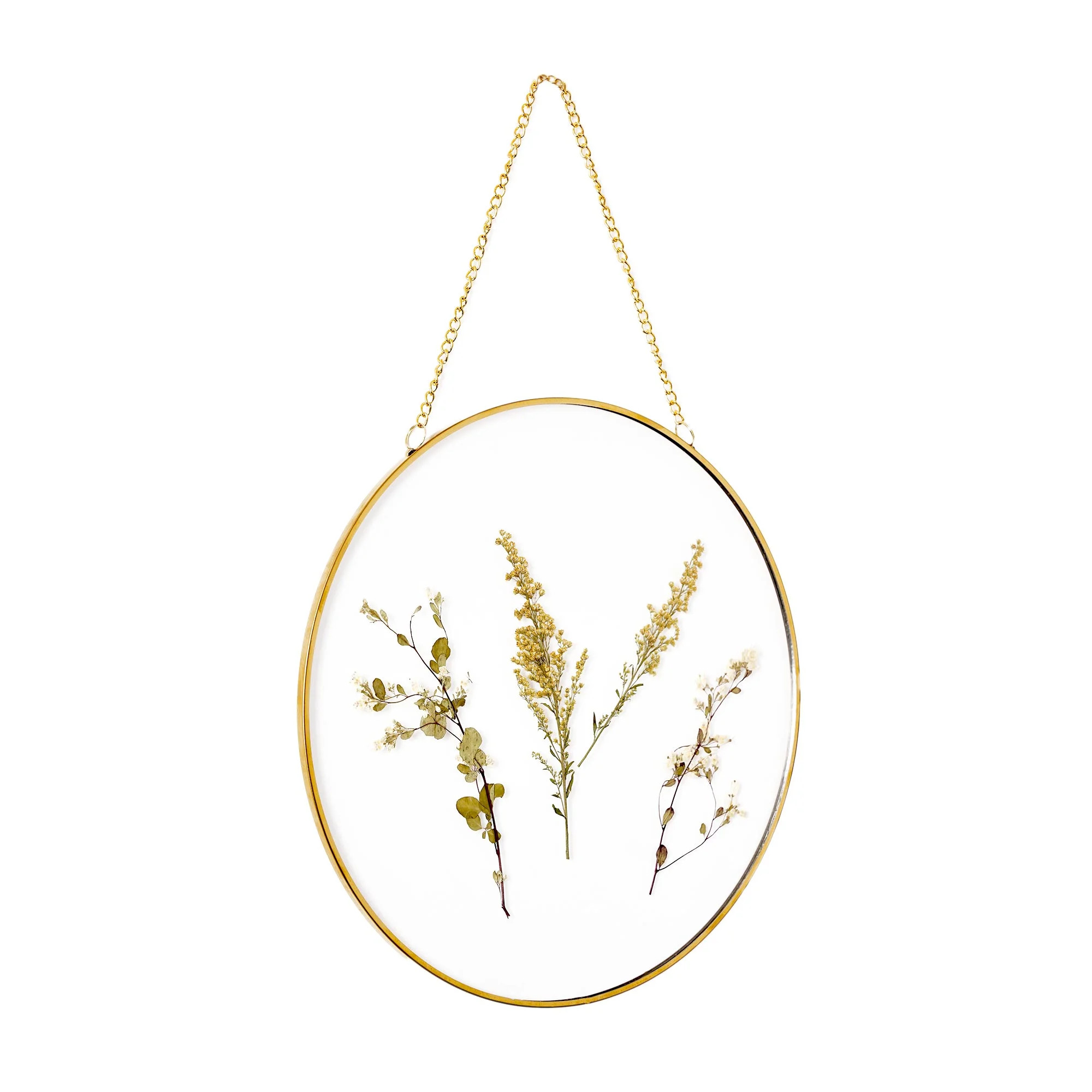 Mainstays Hanging Gold Circular Framed Glass Dried Pressed Floral Wall Decor, 9x9 | Walmart (US)
