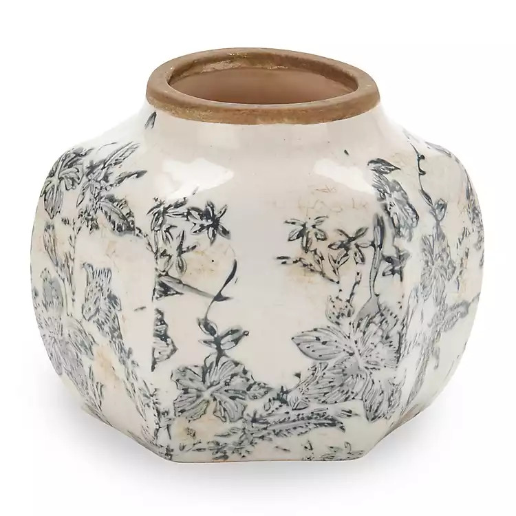 New! Round Gray Ceramic Vintage Floral Vase, 5 in. | Kirklands