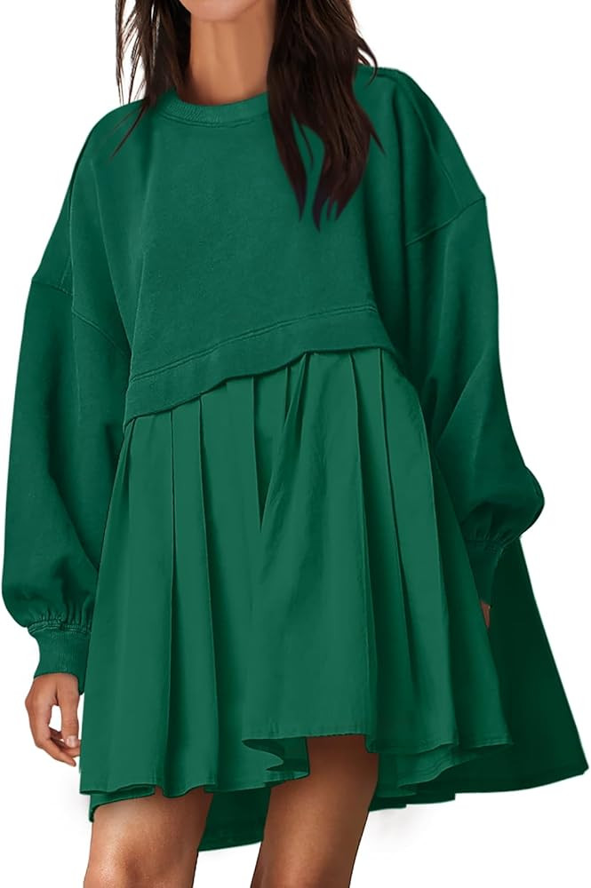 ANRABESS Women Oversized Sweatshirts Hoodie Long Sleeve Crewneck Patchwork Pleated Pullover Mini ... | Amazon (US)