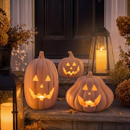 Mumufy 3 Pcs Halloween Terracotta Pumpkin Outdoor 12, 10, 6 in, Terracotta | Amazon (US)