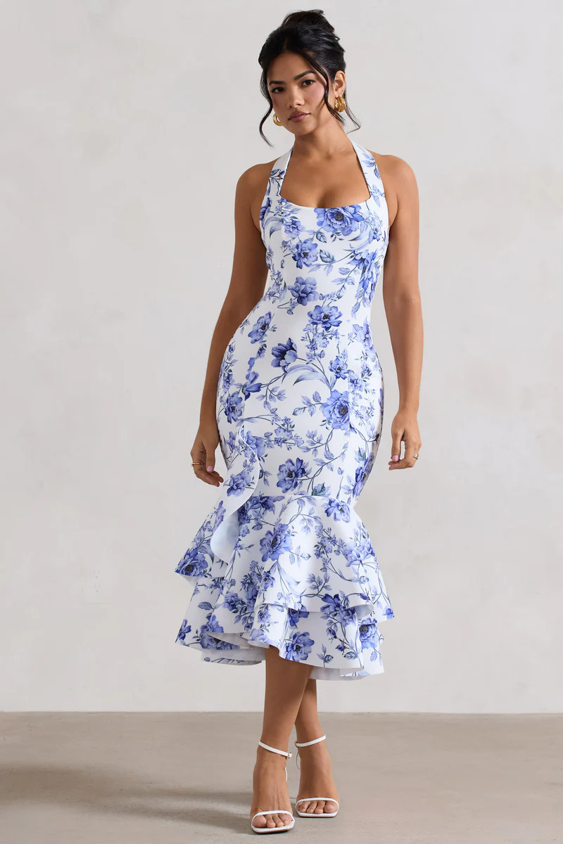 Arla | Blue Floral Print Halter-Neck Ruffle Trim Midi Dress | Club L London