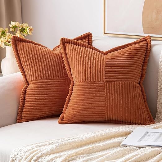 MIULEE Fall Rust Pillow Covers 18x18 Inch with Splicing Set of 2 Super Soft Boho Striped Corduroy... | Amazon (US)