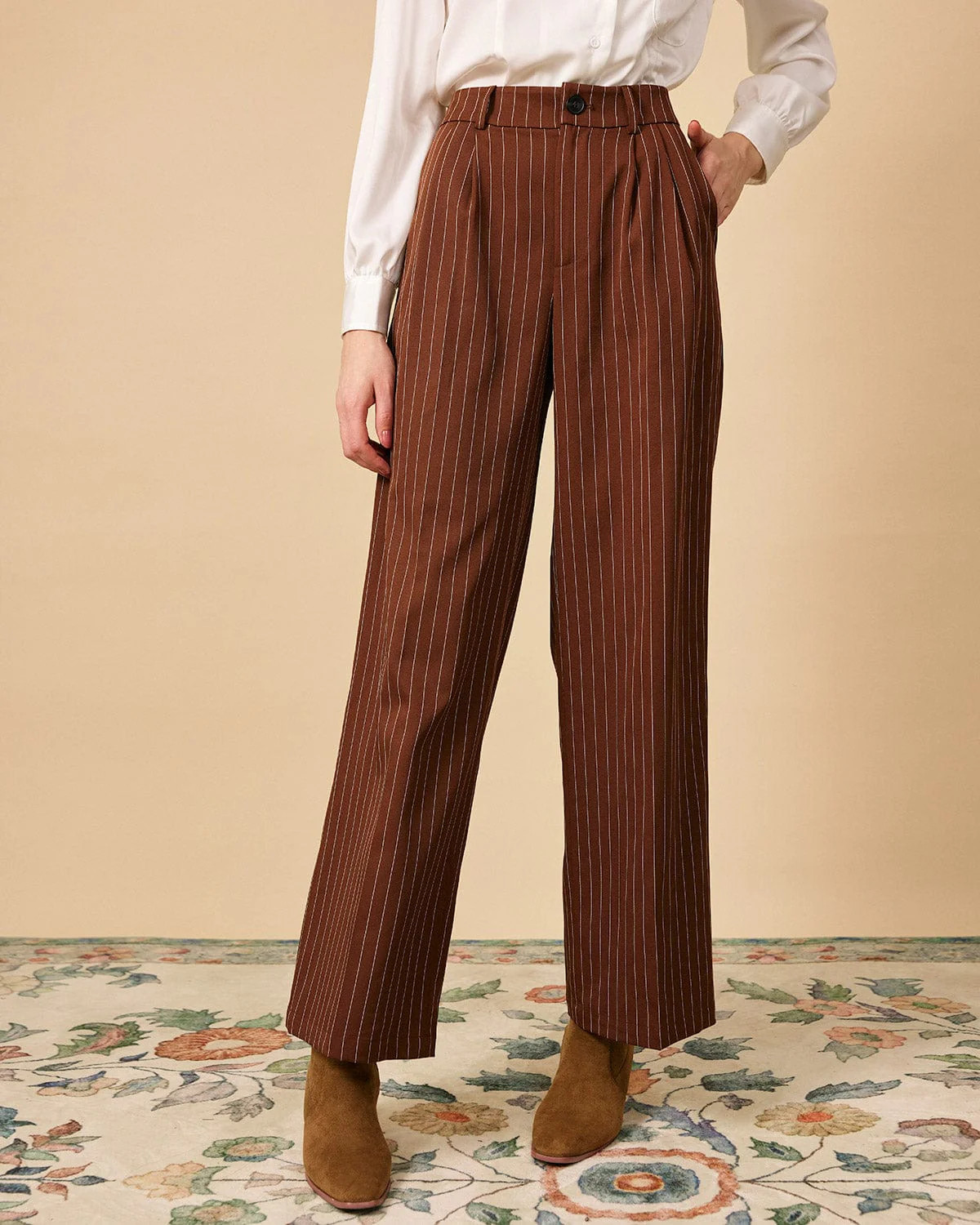 The Brown Striped High Waisted Pants & Reviews - Brown - Bottoms | RIHOAS | rihoas.com