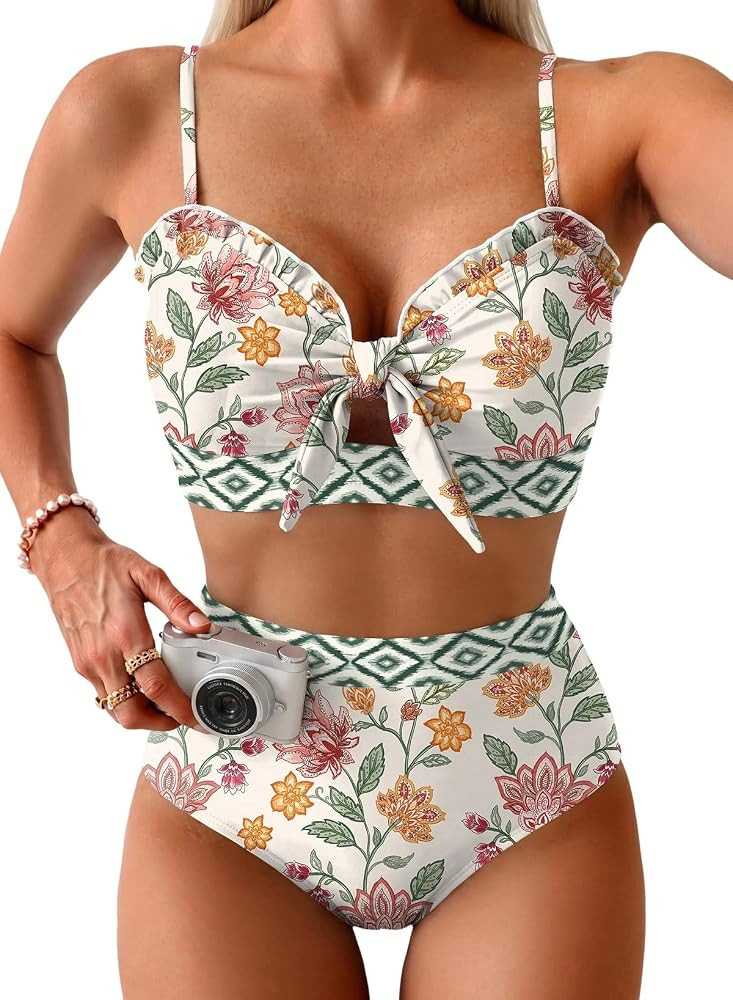 Women's High Waisted Bikini Sets Floral Print Swimsuits Knotted Front Ruffle Trim Bathing Suits B... | Amazon (US)