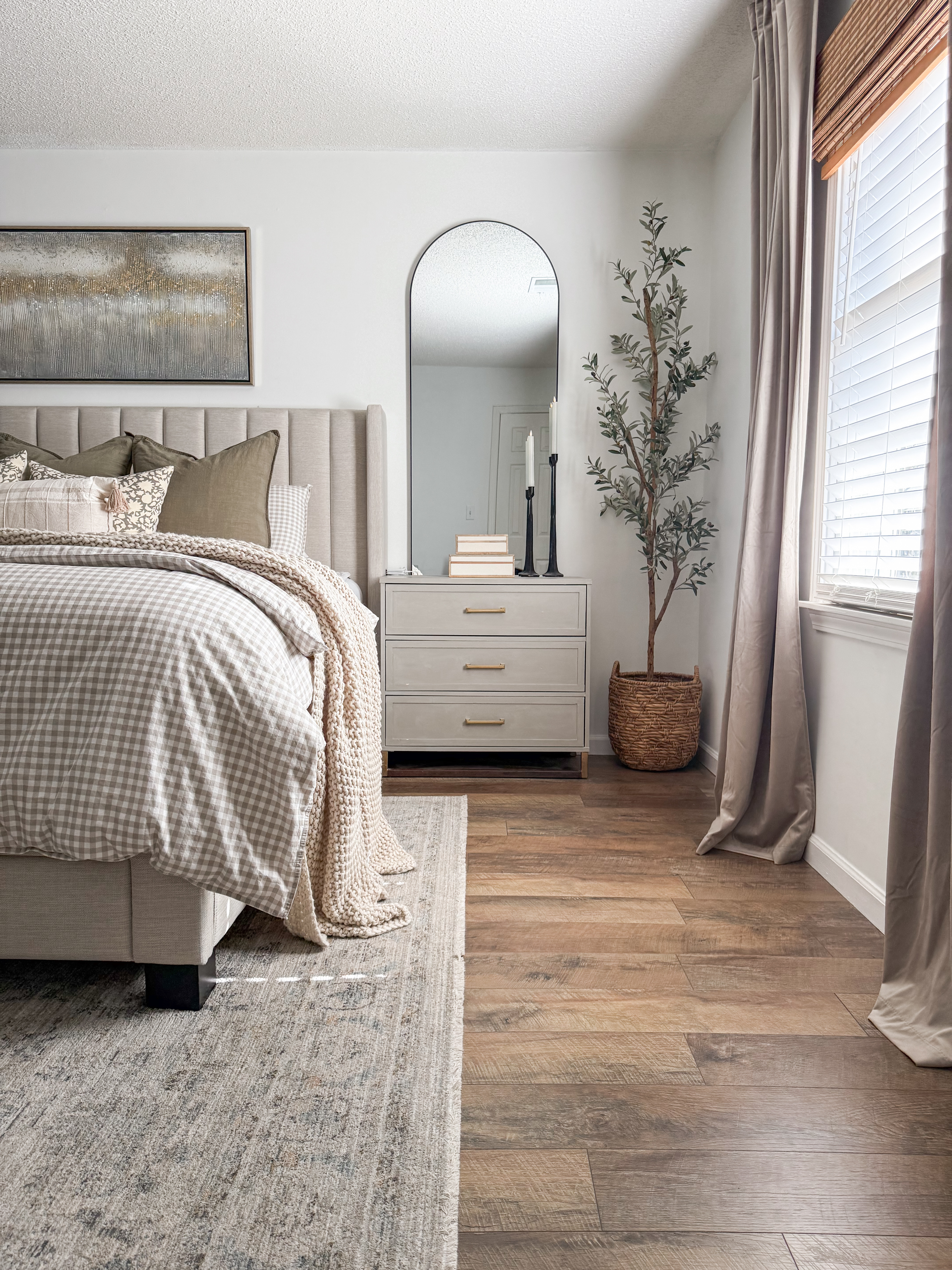 Primary bedroom views

*bedframe is from Malouf Home in the color oat
•walls BM Chantilly Lace 
•nightstands linked-but I  added trim, new hardware and painted them 

#LTKHome #LTKSeasonal #LTKStyleTip