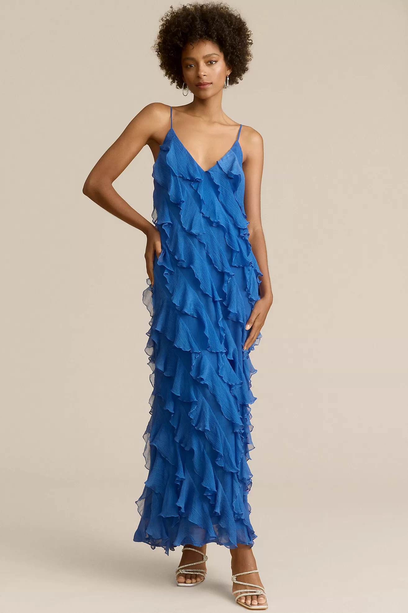 BHLDN Jia Bias-Cut Ruffled V-Neck Gown | Anthropologie (US)