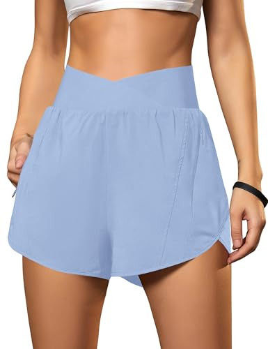 Blooming Jelly Women's Workout Shorts Athletic Running Elastic High Waisted Black Gym Yoga Shorts with Zipper Pockets (Sky Blue,Medium) | Amazon (US)