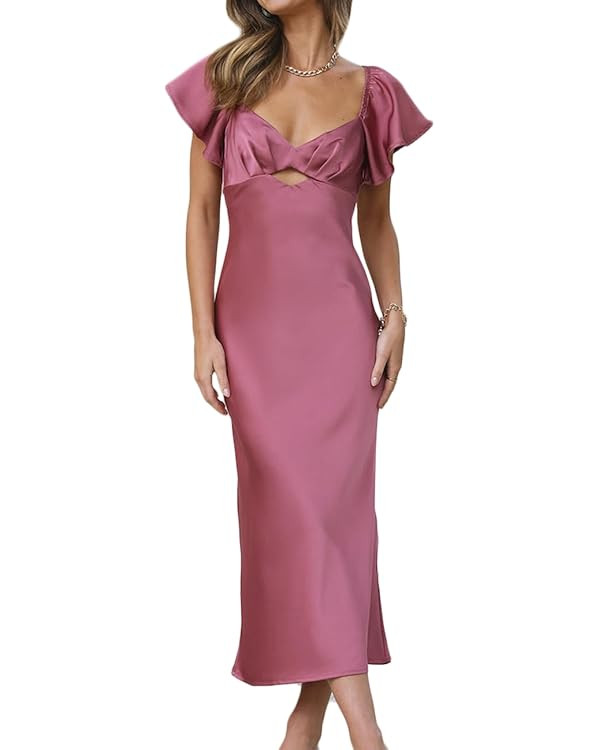 Summer Satin Flutter Sleeve Wedding Guest Dresses for Women Sweetheart Neckline Cutout Tie Back M... | Amazon (US)