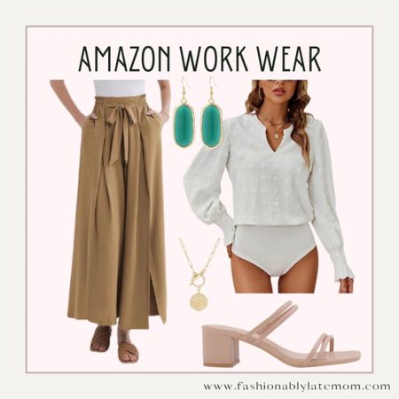 Amazon workwear! 
Fashionablylatemom 
Pants 
Sandals 
Blouse bodysuit 


#LTKstyletip #LTKshoecrush