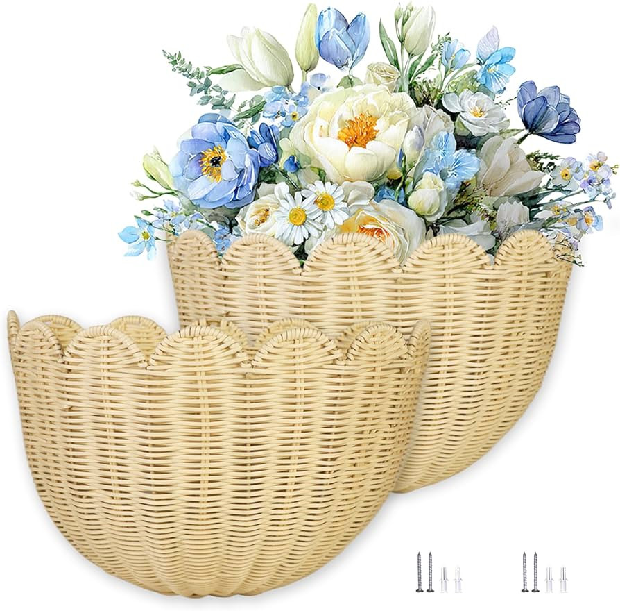 2 PCS Wave Wall Basket,15.7x10x8 in.Hand-woven by of intangible cultural Rattan Hanging Basket Wo... | Amazon (US)