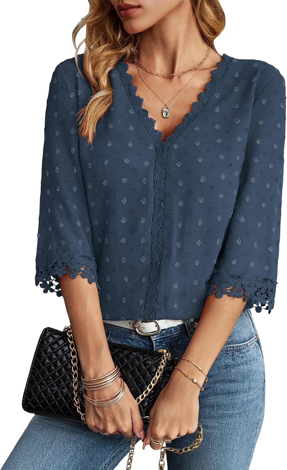 Falechay Blouses for Women Dressy Casual V Neck 3/4 Sleeve Swiss Dot Tops | Amazon (US)