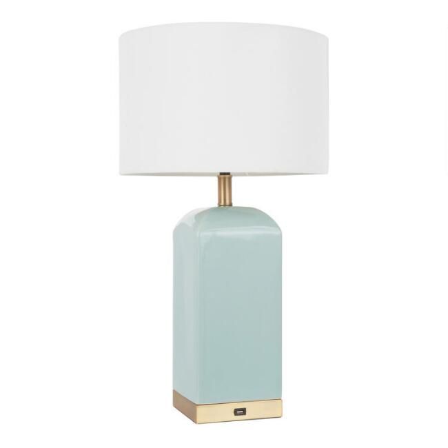 Aqua Ceramic And Metal Block Tessa Table Lamp With USB Port | World Market