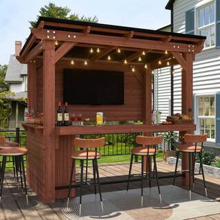 8.5 ft. x 6 ft. Cedar Wood Outdoor Bar Gazebo Pergola with Metal Sloped Roof, Storage Cabinet and TV Mount | The Home Depot