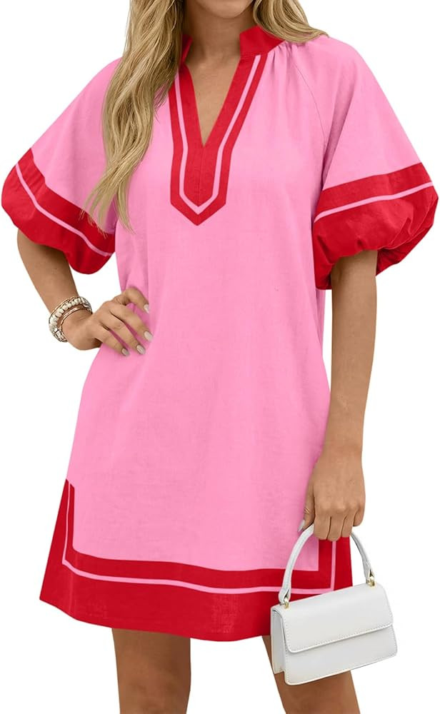 Wenrine Womens Summer Mini Dress Puff Sleeve Casual V Neck Color Block Side Slit Loose Shirt Dres... | Amazon (US)