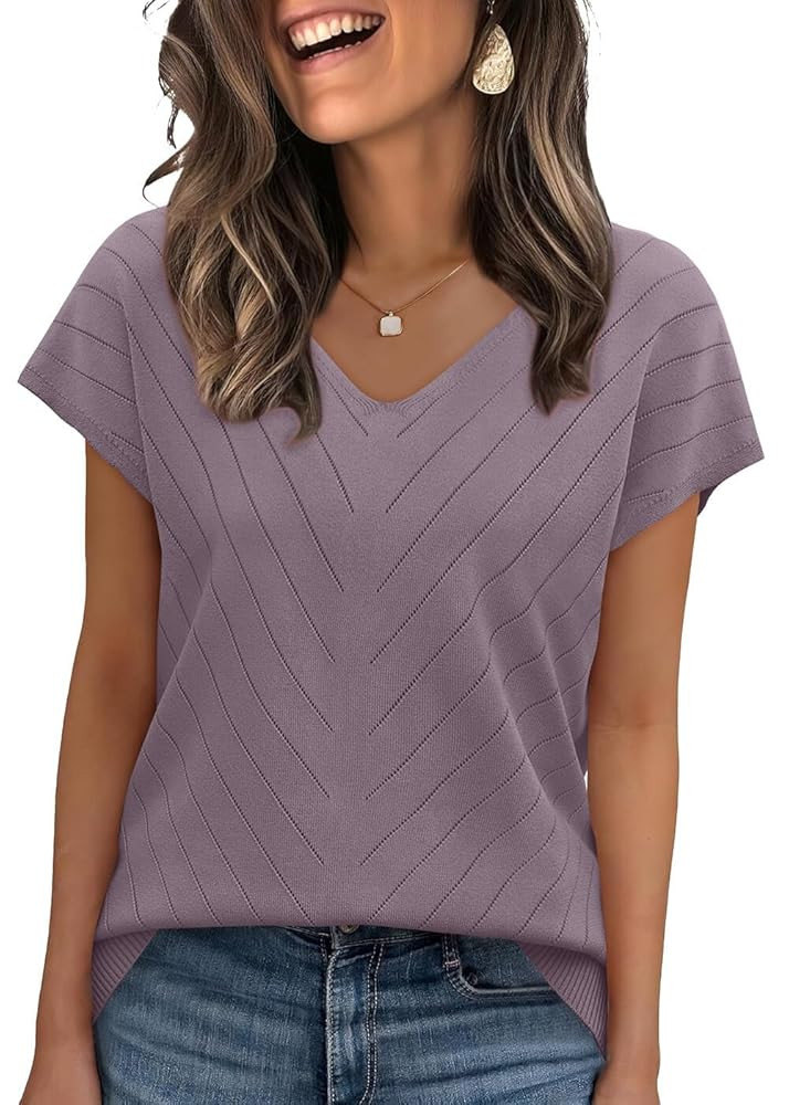 WIHOLL Short Sleeve Sweater for Women V Neck Trendy Summer Tops 2025 Beach Vacation Clothes Trave... | Amazon (US)