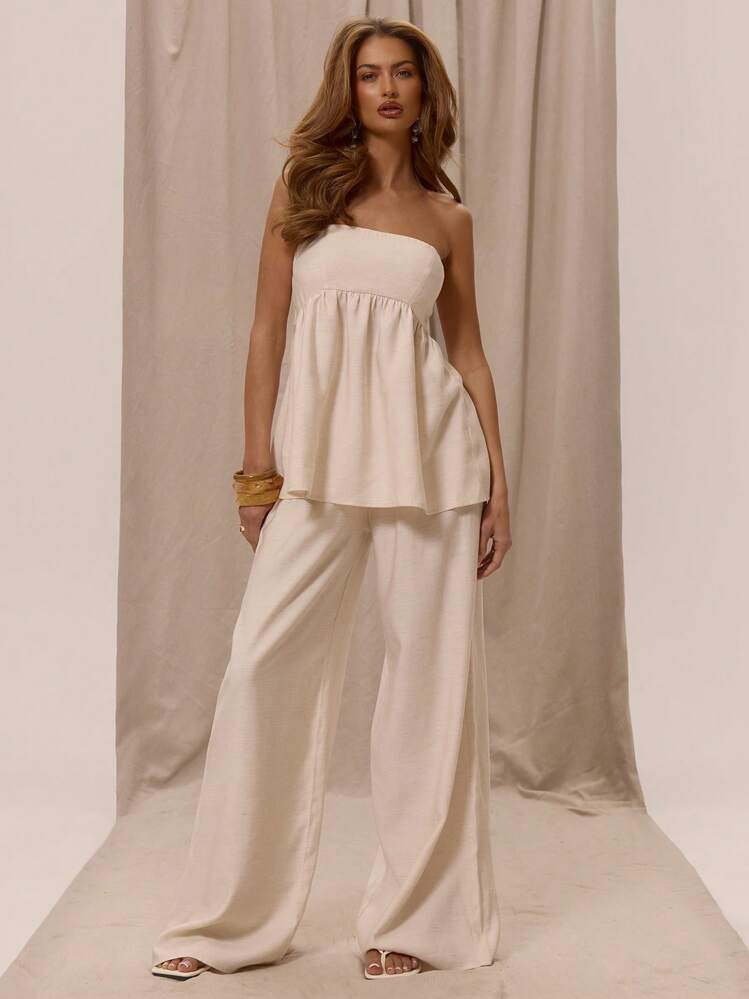 MUSERA Low Rise Elasticated Waistband Wide Leg Trousers Bottom Only Spring Summer Vacation Holiday Elegant Beachwear Boho Romantic Ibiza Linen Feel | SHEIN