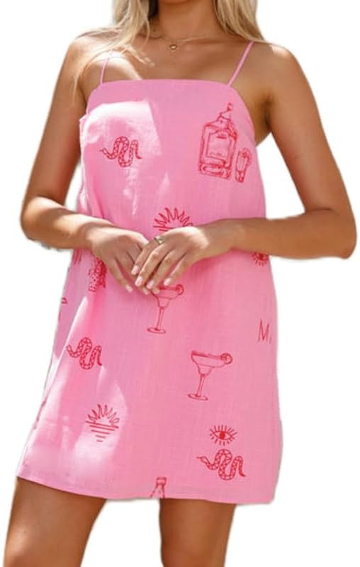 Women Boho Graffiti Cami Mini Dress Spaghetti Strap Printed A Line Short Dress Cute Colorful Sund... | Amazon (US)