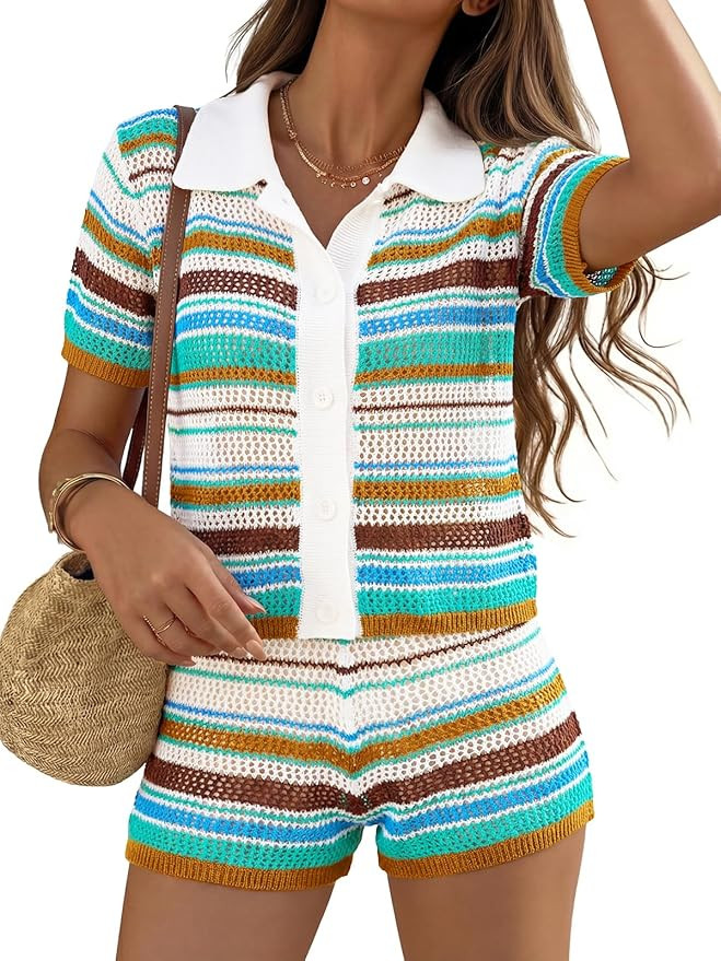 Tankaneo Womens 2 Piece Sweater Shorts Sets Knit Color Block Summer Outfits Short Sleeve Tops Cov... | Amazon (US)