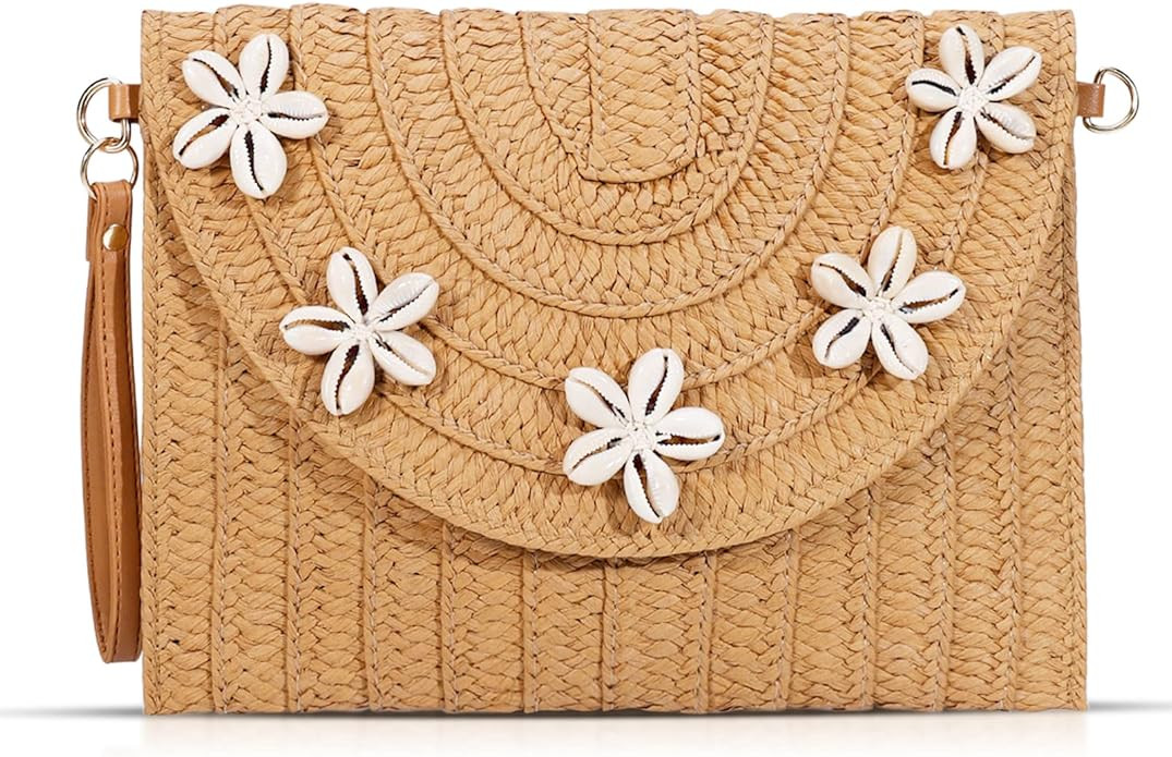 QTKJ Straw Crossbody Bag for Women, Clutch Purses, Shell Embellishment Straw Bag, Bohemian Handma... | Amazon (US)