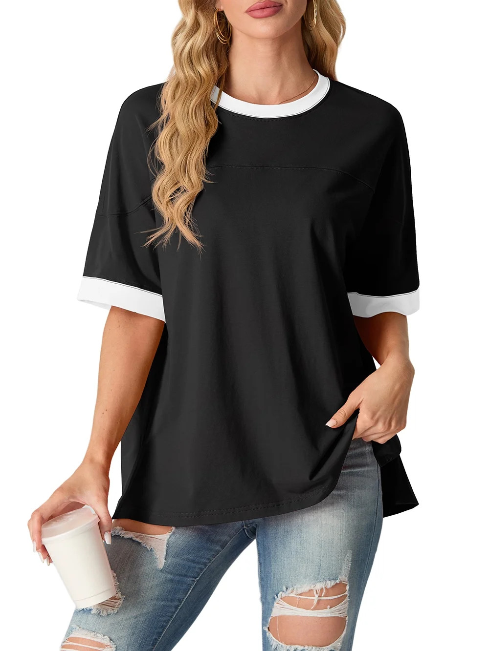 JWD Women's Top Short Sleeved T-Shirt Round Neck Casual Blouses Patchwork Split Hem Tee Top Black... | Walmart (US)