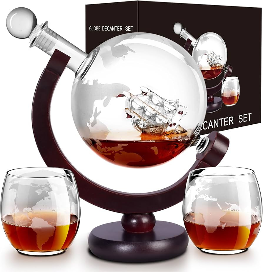 Whiskey Decanter Sets for Men, Whiskey Decanter Globe Set with 2 Etched Globe Whisky Glasses for ... | Amazon (US)