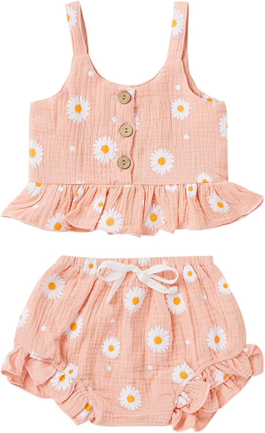 Infant Toddler Baby Girl Summer Clothes Daisy Floral Ruffle Sleeveless Tank Shirt Halter Crop Top... | Amazon (US)