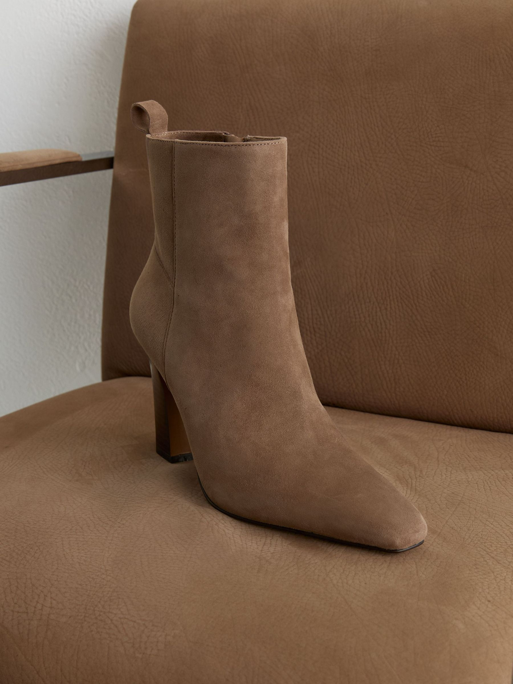 Reiss Suede Chisel-Toe Block-Heel Ankle Boots in Taupe - REISS | Reiss UK