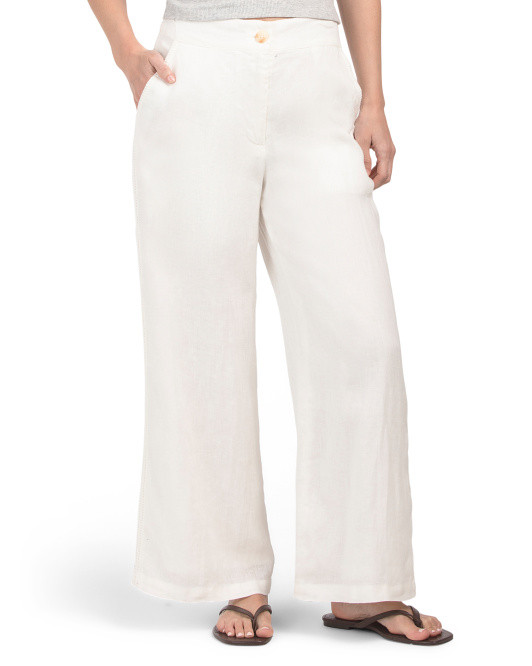 Linen Blend Fly Front Wide Leg Pants With Novel Trim | TJ Maxx