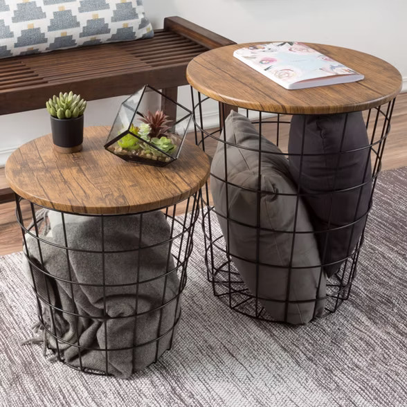 Hastings Home Wire and Wood Nesting End Tables With Storage - Brown/Black, Set of 2 | Target