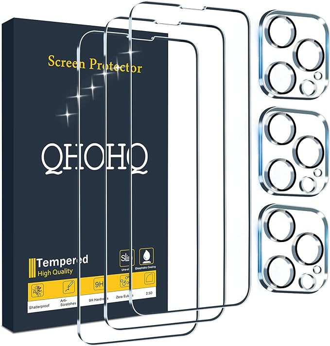 QHOHQ 3 Pack Screen Protector Compatible for iPhone 13 Pro Max 6.7" with 3 Pack Camera Lens Prote... | Amazon (US)