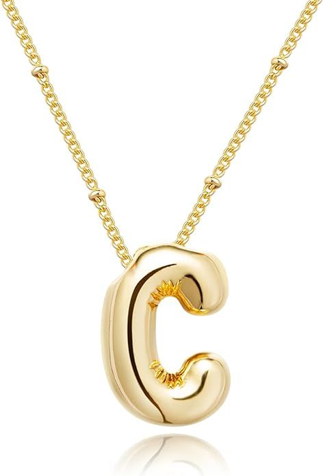 Gold Bubble Letter Necklace for Women, 14k Gold Plated Balloon Initial Letter Pendant Necklace Da... | Amazon (US)