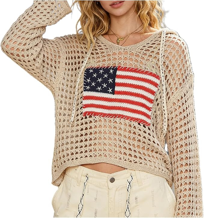 Womens American Flag Open Knit Crochet Sweater Tops Long Sleeve V-Neck Hollow Out Hoodies Summer ... | Amazon (US)