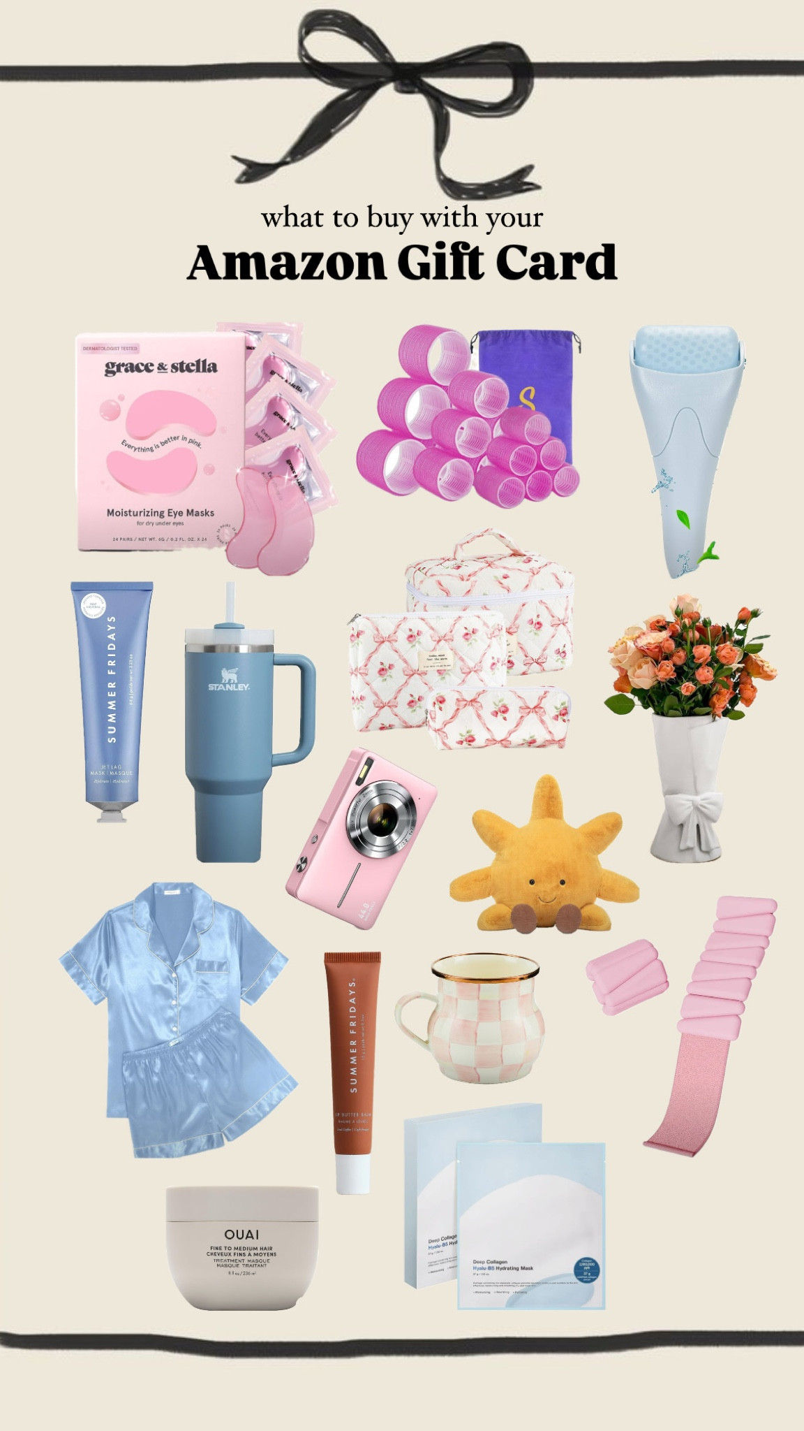 What to buy with your Amazon gift card 💌 Amazon beauty, Amazon gifts, Amazon set, Amazon activewear, Amazon loungewear, Amazon wellness, Amazon accessories, Amazon home, Amazon favorites,  satin pajamas, silk pajamas, eye mask, under eye mask, hair rollers, ice roller, makeup case, flower vase, digital camera, jellycat, summer Fridays, lip balm, ankle weights, wrist weights, bala bangles, mug, 
 

#LTKFindsUnder100 #LTKGiftGuide #LTKHoliday
